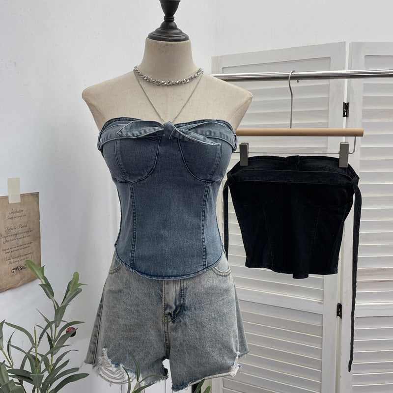 Cowboy strapless tank top with bow tie