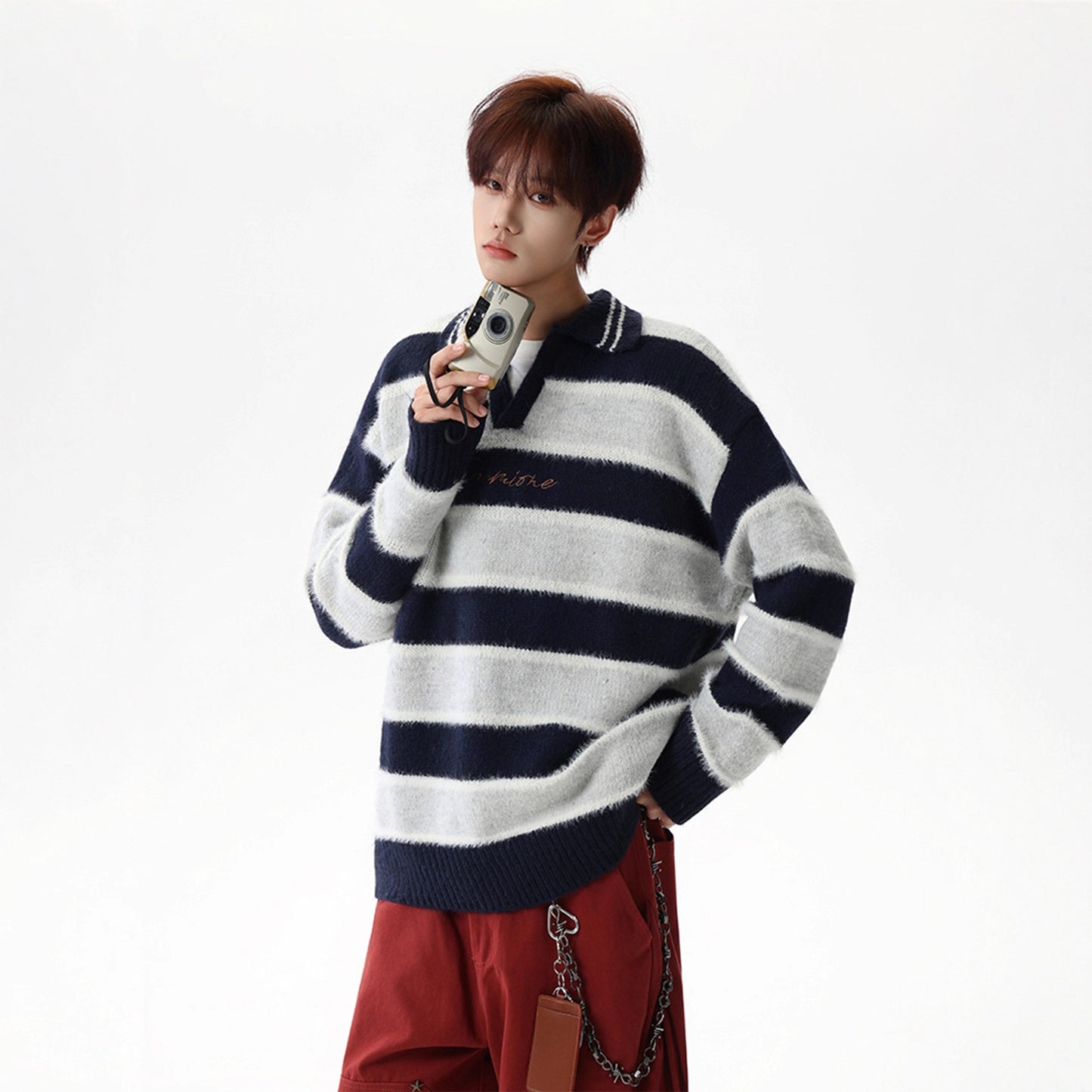 Black and White Stripe V-Neck Sweater