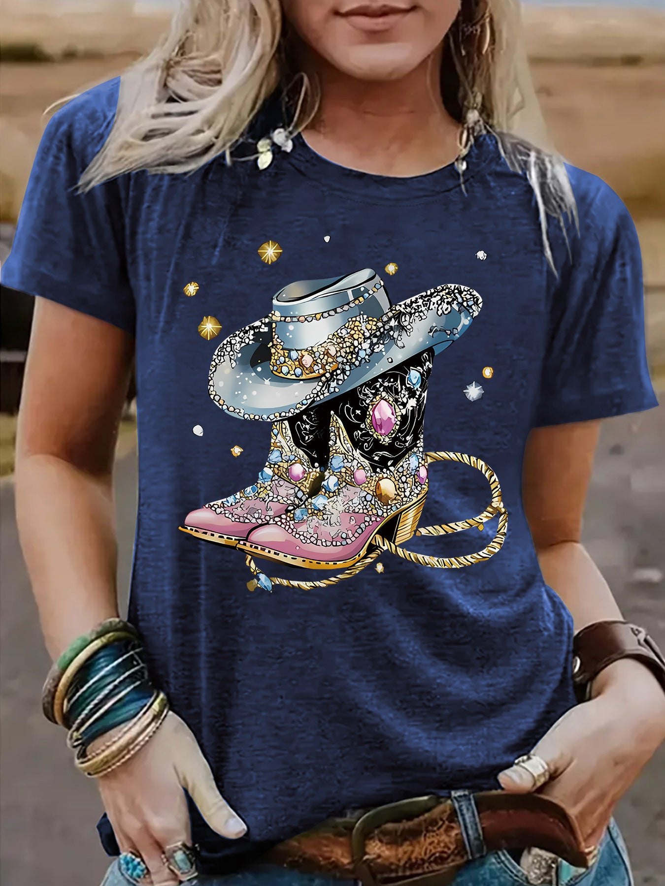 Round neck short sleeved women's T-shirt cowboy hat cowboy boots