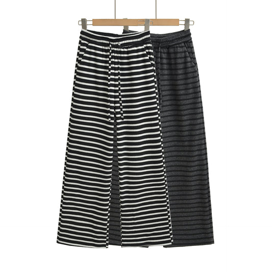 Drawstring elastic waist striped loose pants