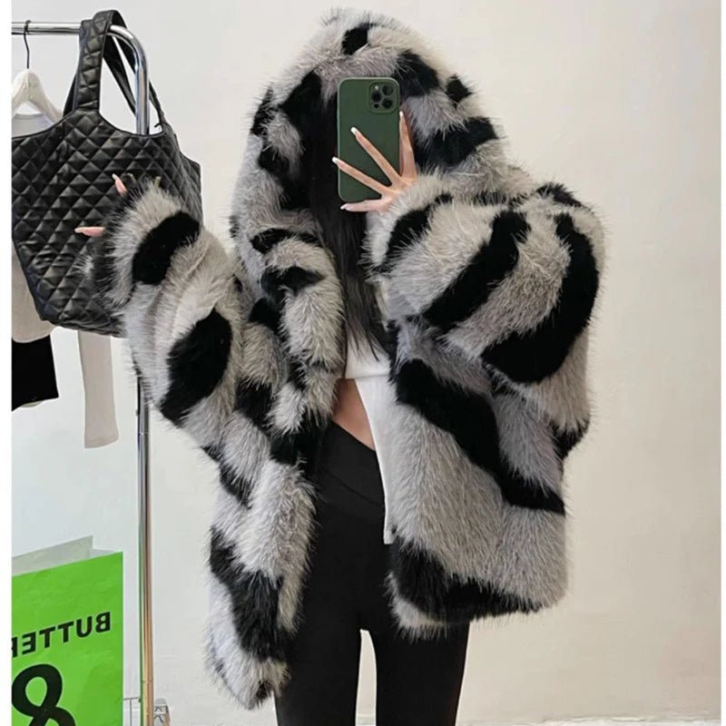 Women's fur coat Zebra print hooded fox fur coat