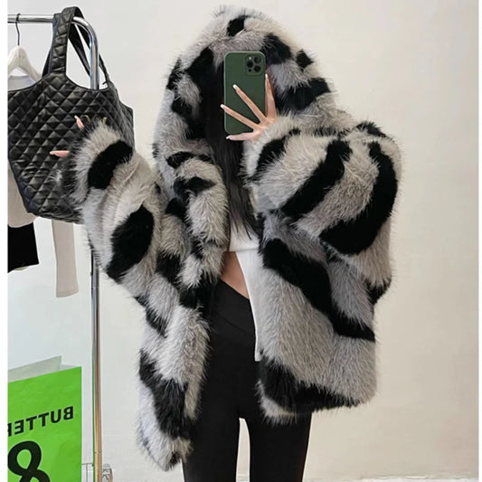 Women's fur coat Zebra print hooded fox fur coat