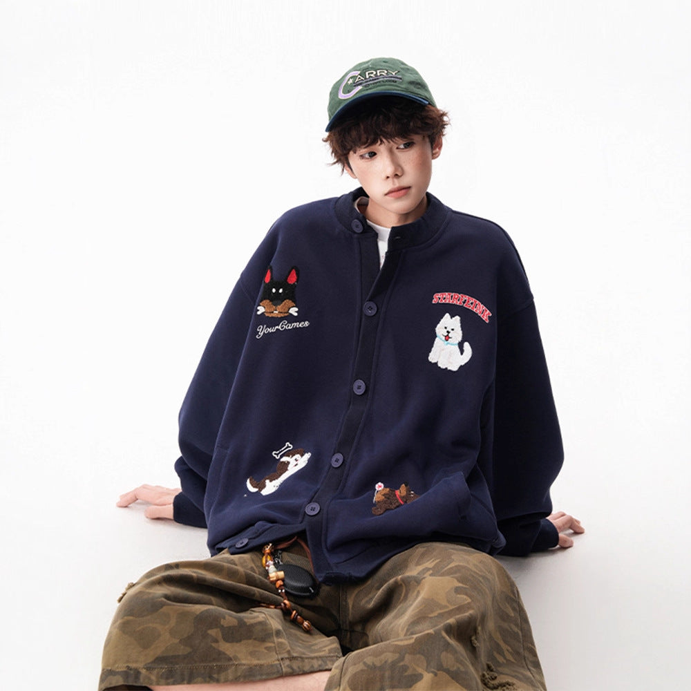 Fun Towel Embroidery Loose Hoodie Cardigan Men's Winter Fleece-Lined Thick Couple Jacket Oversized Baseball Jacket Trendy