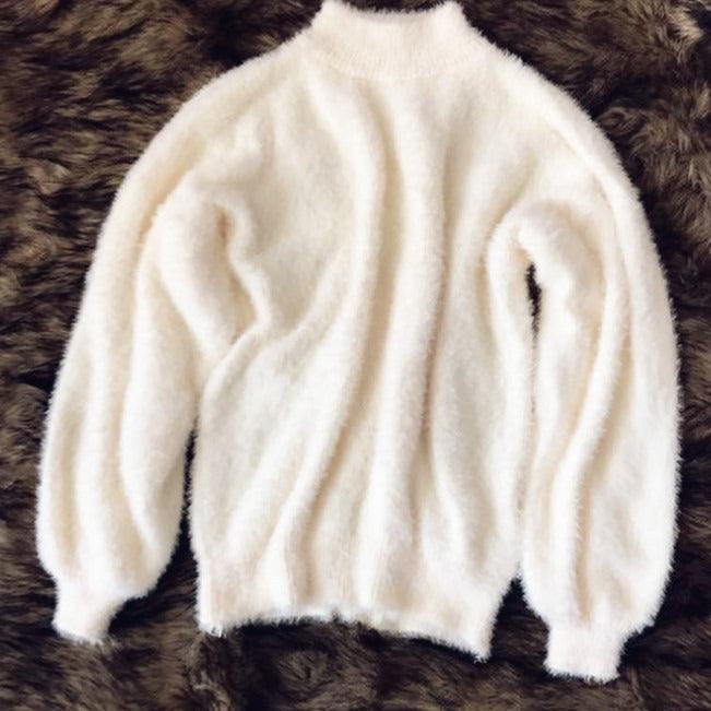 Imitation mink fur semi high neck knitted sweater