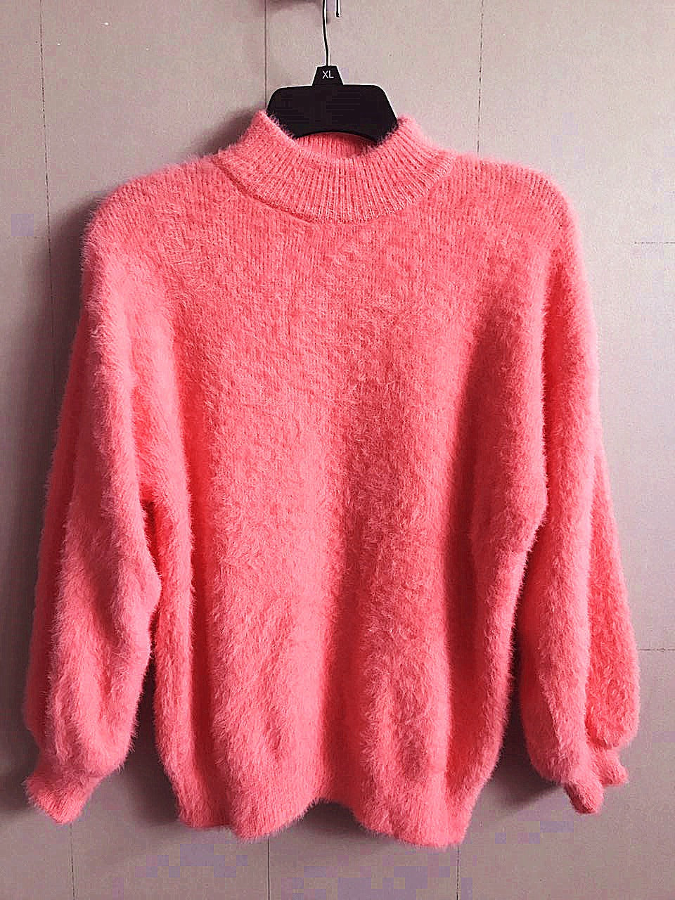 Imitation mink fur semi high neck knitted sweater