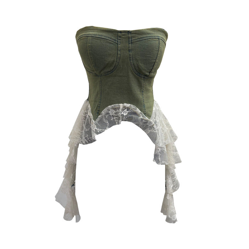 Cowboy patchwork lace ribbon irregular strapless top