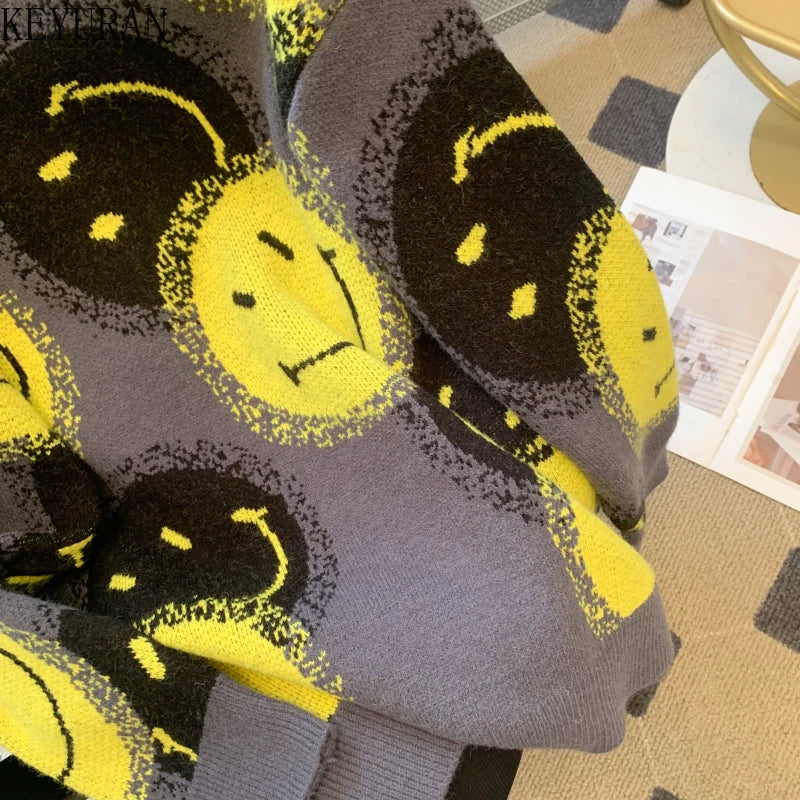 Lazy Style Autumn Winter  Smiling Face Jacquard Oversized Sweater
