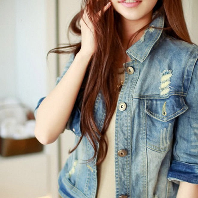 Cowboy Coats Leisure Outwear Slim Diamonds Half sleeve Women's Denim Blue Jacket Coat