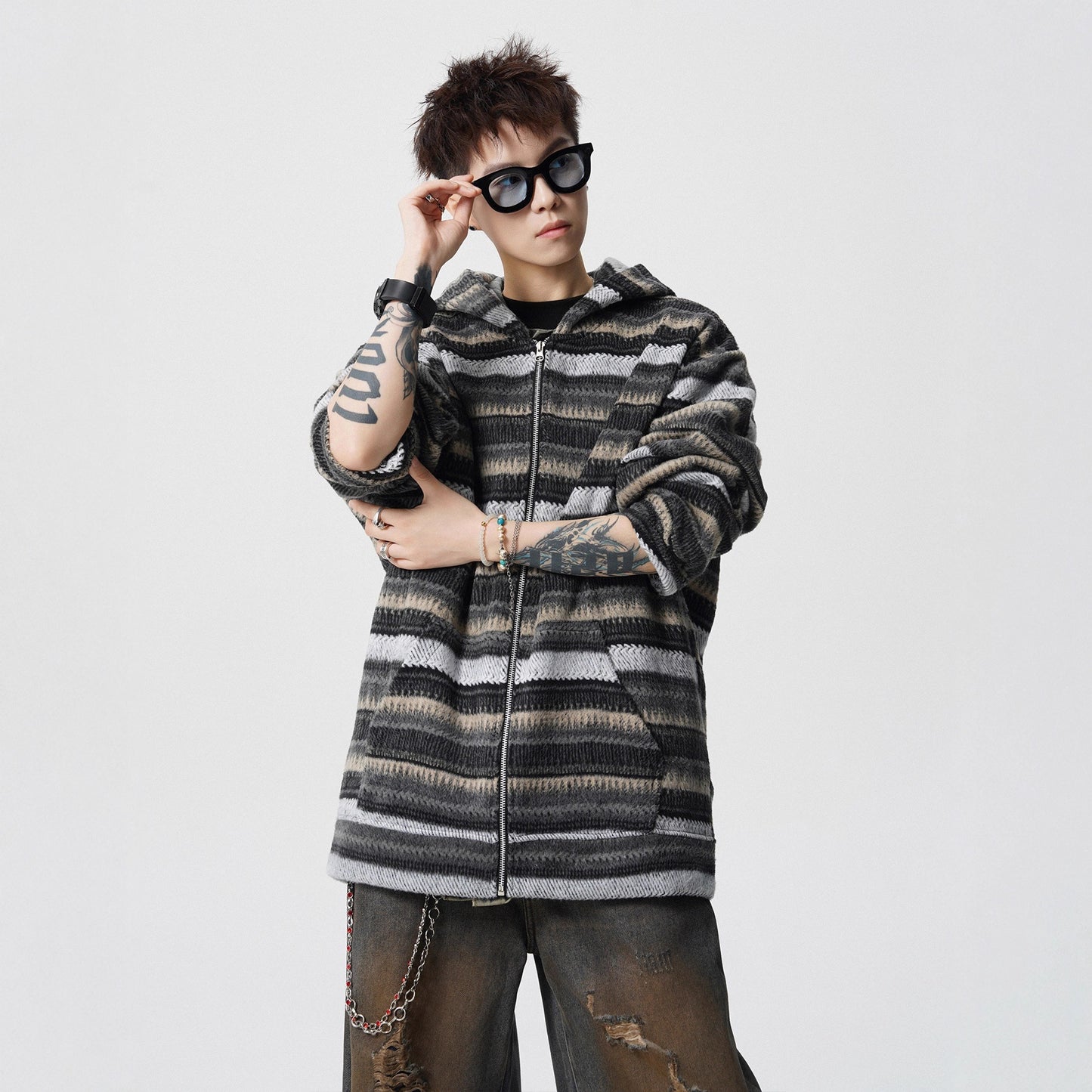 Brown Vintage Stripe Spliced Hoodie Unisex