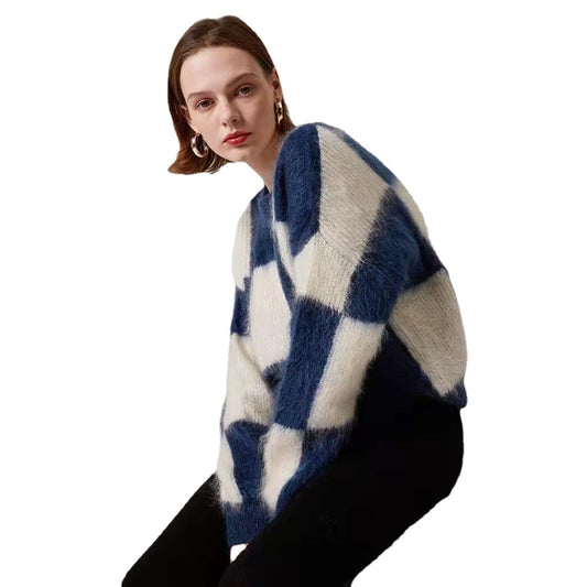 Winter Vintage Mohair Plaid Women Sweater