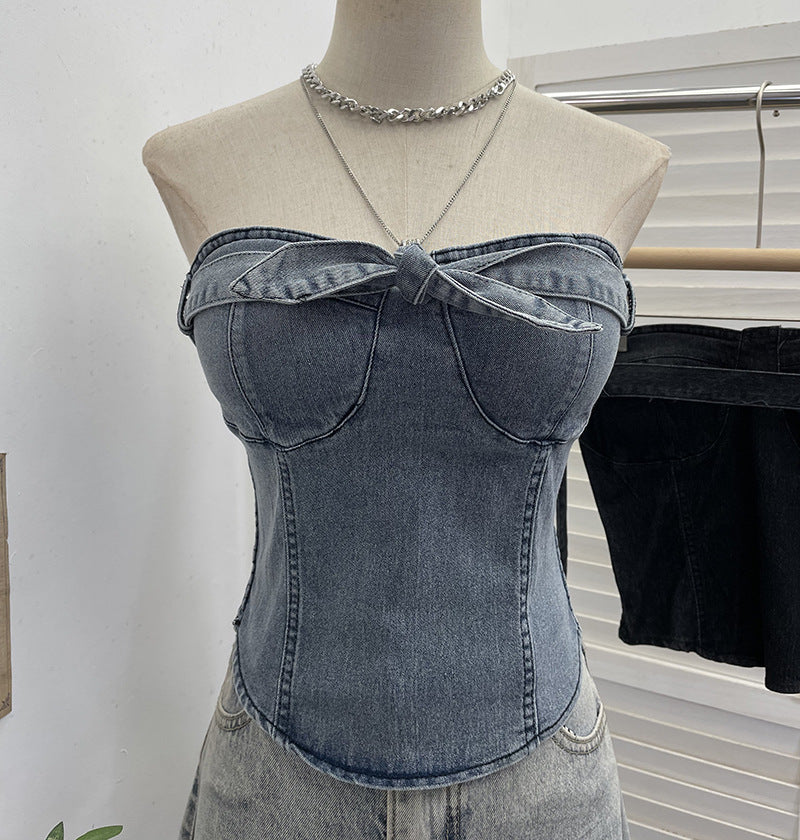 Cowboy strapless tank top with bow tie