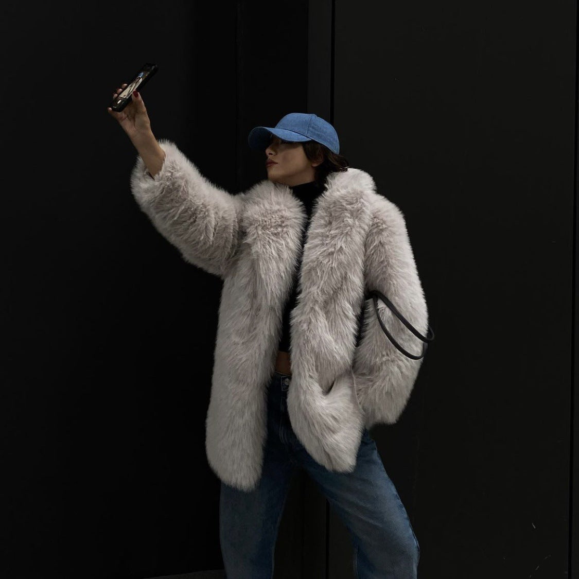 Khaki grey faux fur warm loose jacket