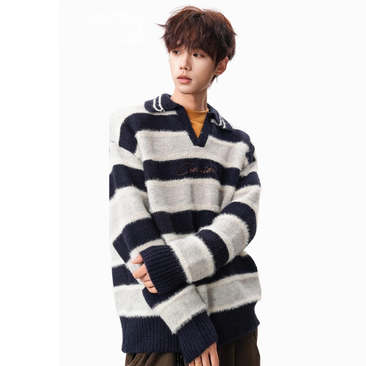 Black and White Stripe V-Neck Sweater