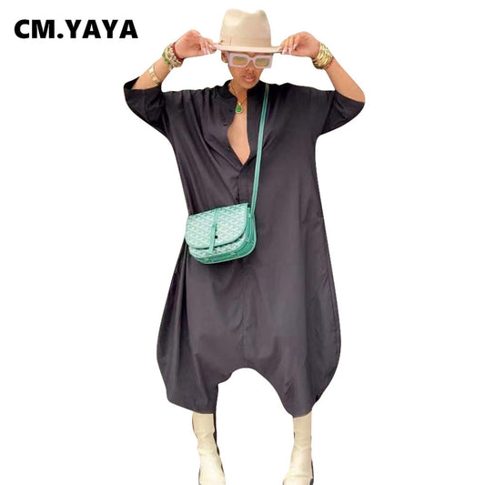 Jumpsuit Solid Half Sleeve Single Breasted Loose Ankle Length