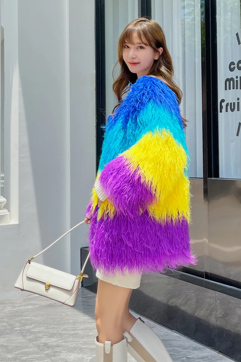 Women's Imitation Fur Stitching Contrast Colour Jacket
