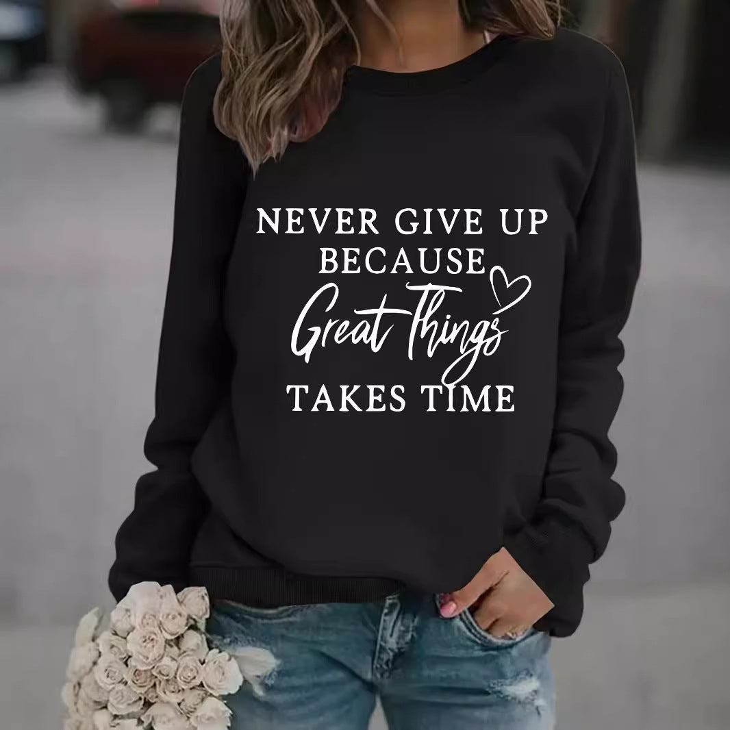 Long Sleeve Round Neck "NEVER GIVE" Print Crewneck Sweatshirt