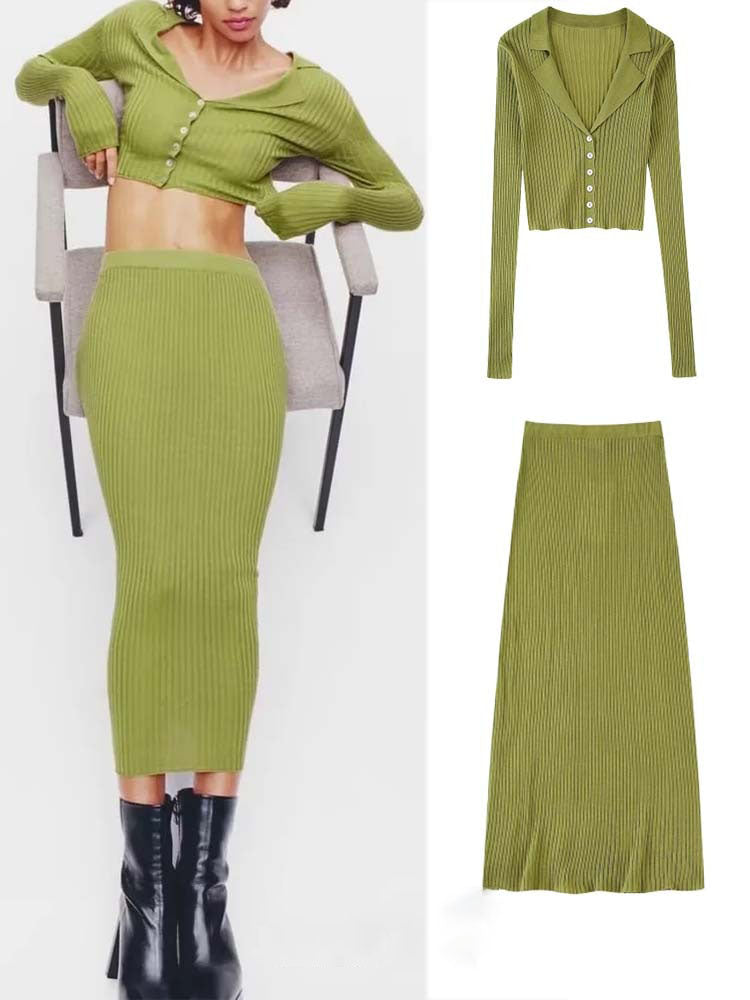 2Pcs Casual Ribbed Knit Coat Top + Ribbed Knit  Skirt