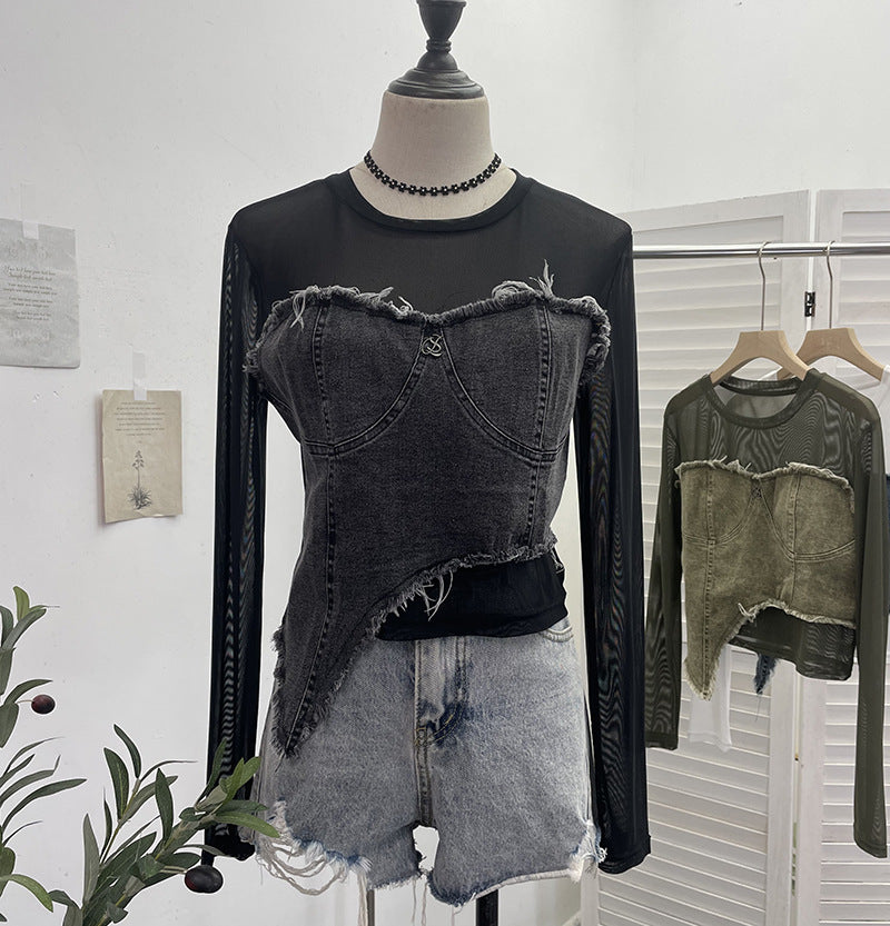 Cowboy patchwork long sleeved mesh T-shirt for women