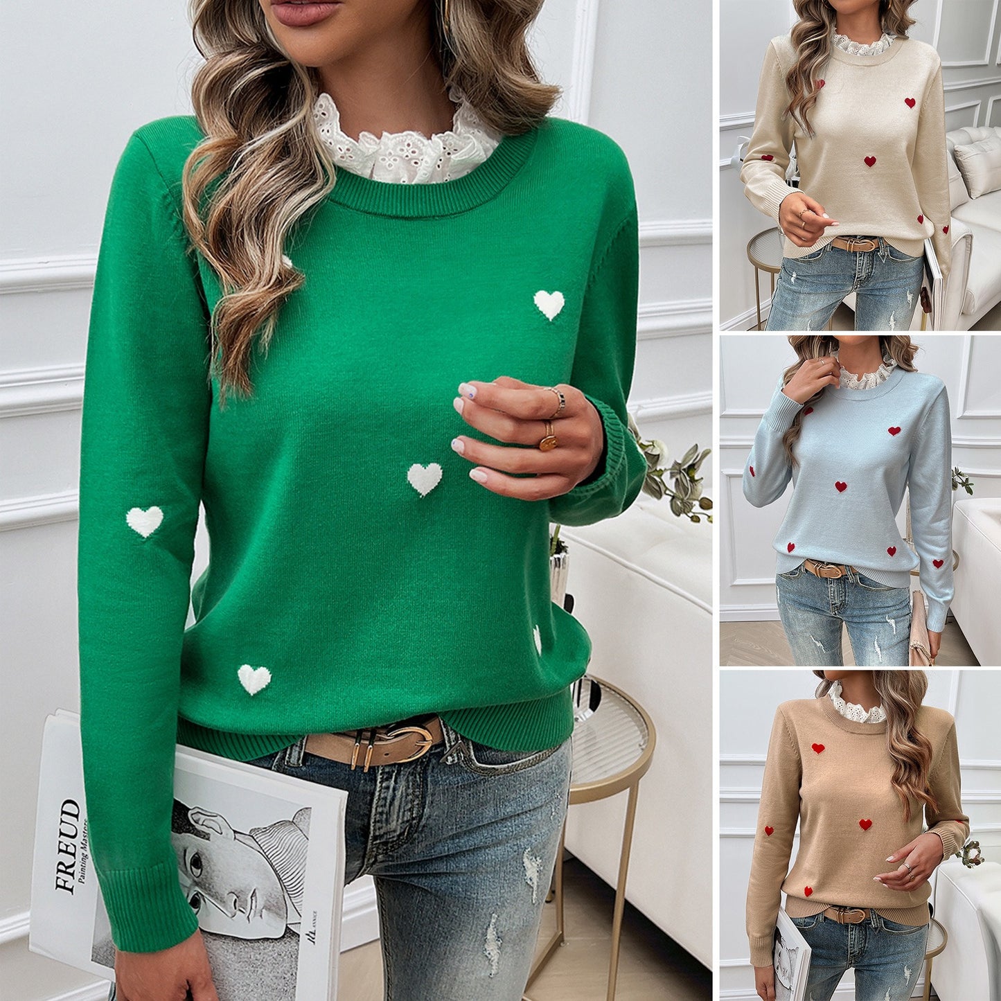 Autumn and winter tops women's temperament casual embroidery heart long sleeved sweater