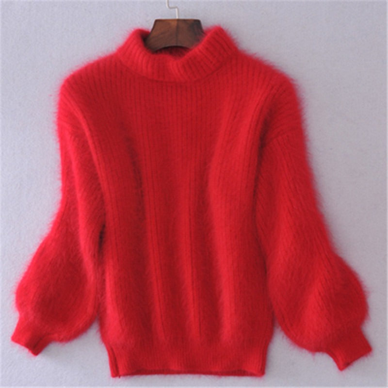 Imitation mink fur semi high neck knitted sweater