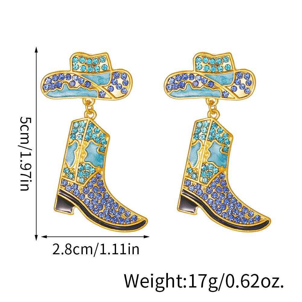 Alloy oil drop inlaid diamond Western cowboy hat boots earrings