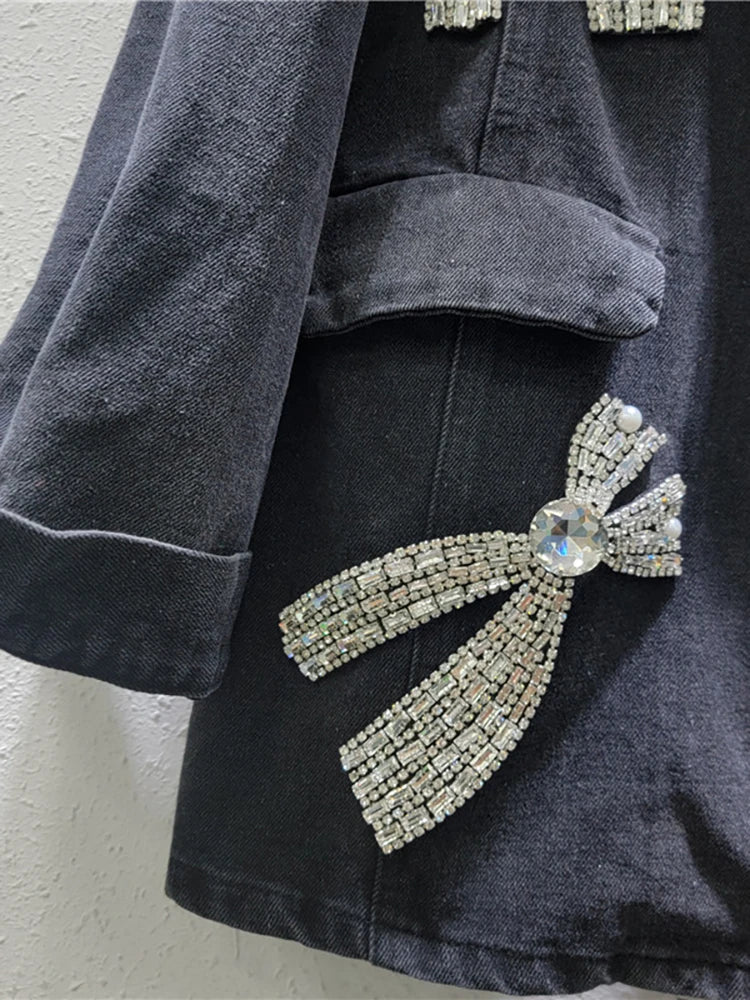 Women's Denim Blazer Big Diamonds Bows Decoration Single Buttons Washed Black Suit Jackets  Autumn New Fashion