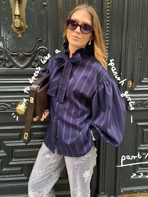 Casual Women Stripe Stand Collar Shirt