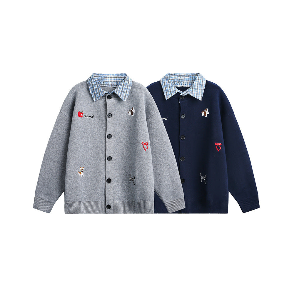 Embroidered plaid collar patchwork cardigan sweater