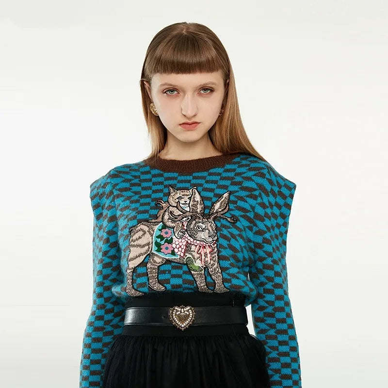 Cartoon Embroidered Argyle Knit Sweater