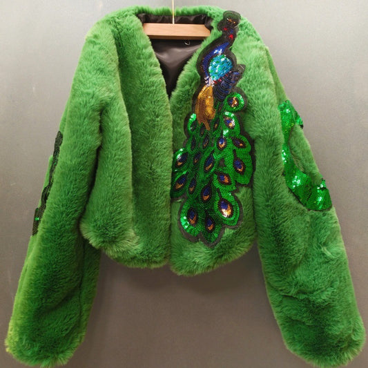 Winter peacock green fur coat women