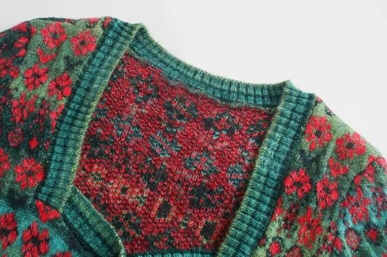 Vintage Square Collar Contrast Colour Flower Print Sweater