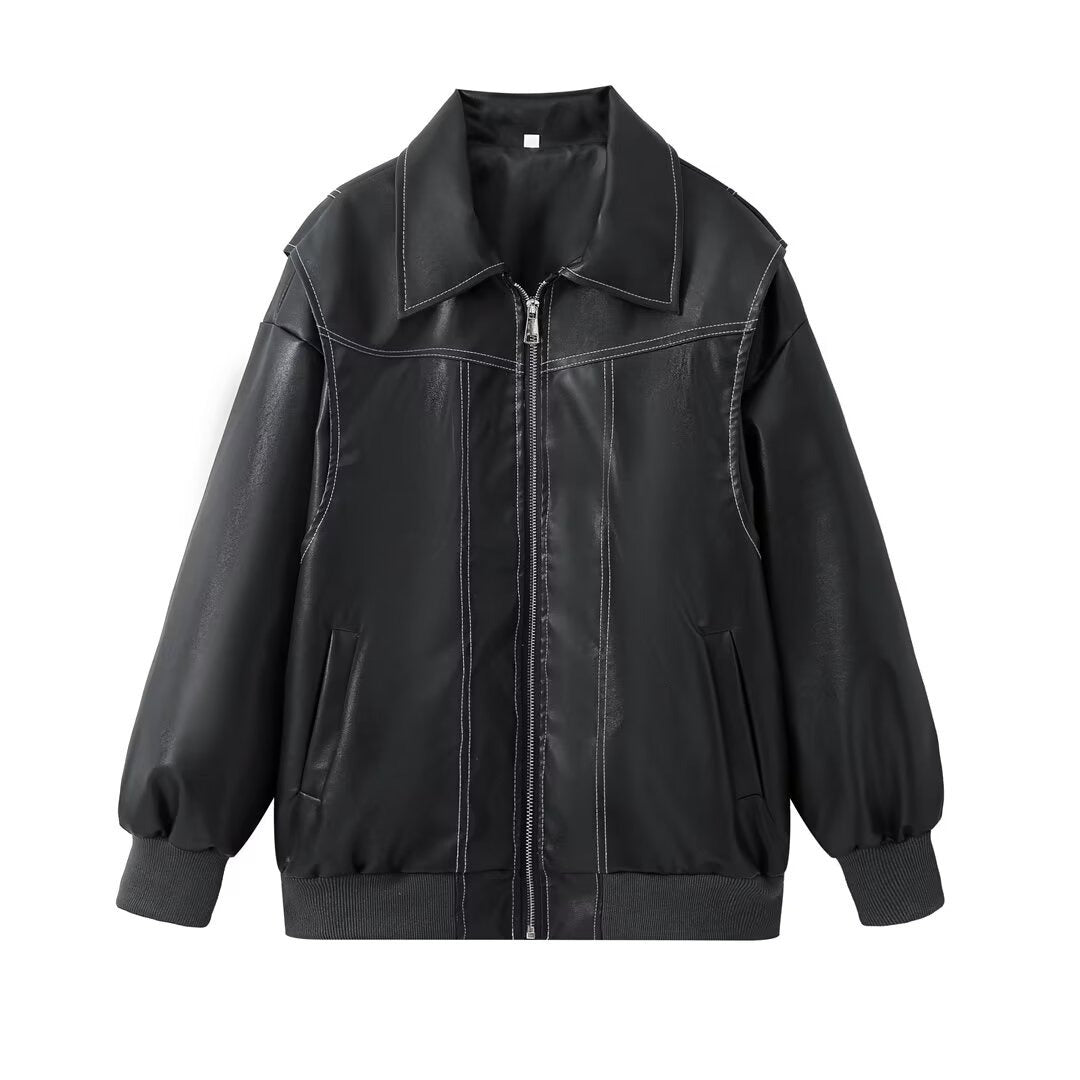 PU Autumn Winter Vintage Long Sleeve Patchwork Jackets