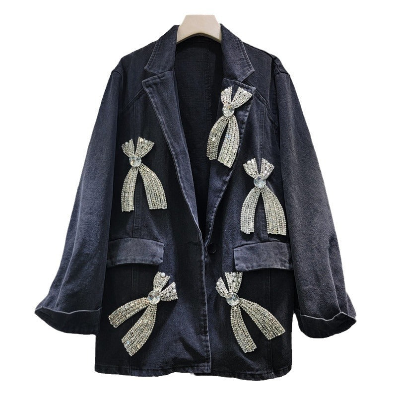 Women's Denim Blazer Big Diamonds Bows Decoration Single Buttons Washed Black Suit Jackets  Autumn New Fashion