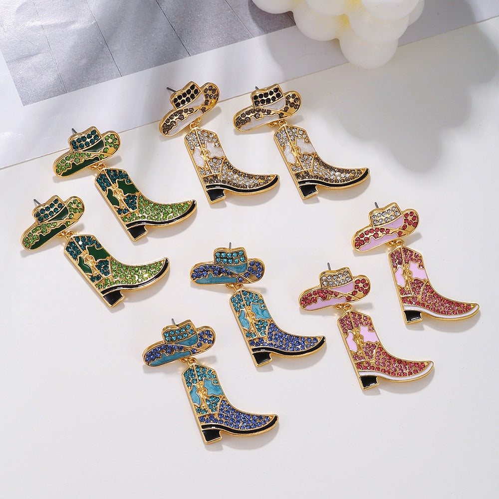 Alloy oil drop inlaid diamond Western cowboy hat boots earrings