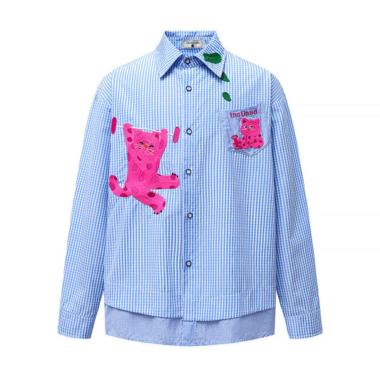 Plaid Shirt Women Loose Cartoon Print
