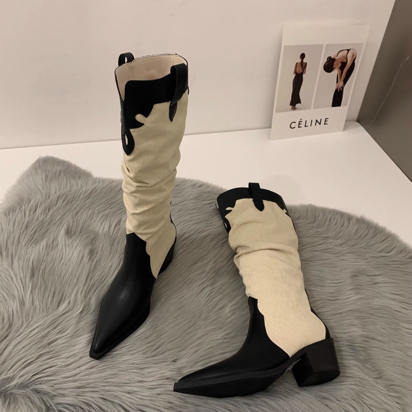 Western Cowboy Women's High Boots Low Heel Ladies Pointed Toe Knee High Boots Shoes Winter High Quality Suede Shoes