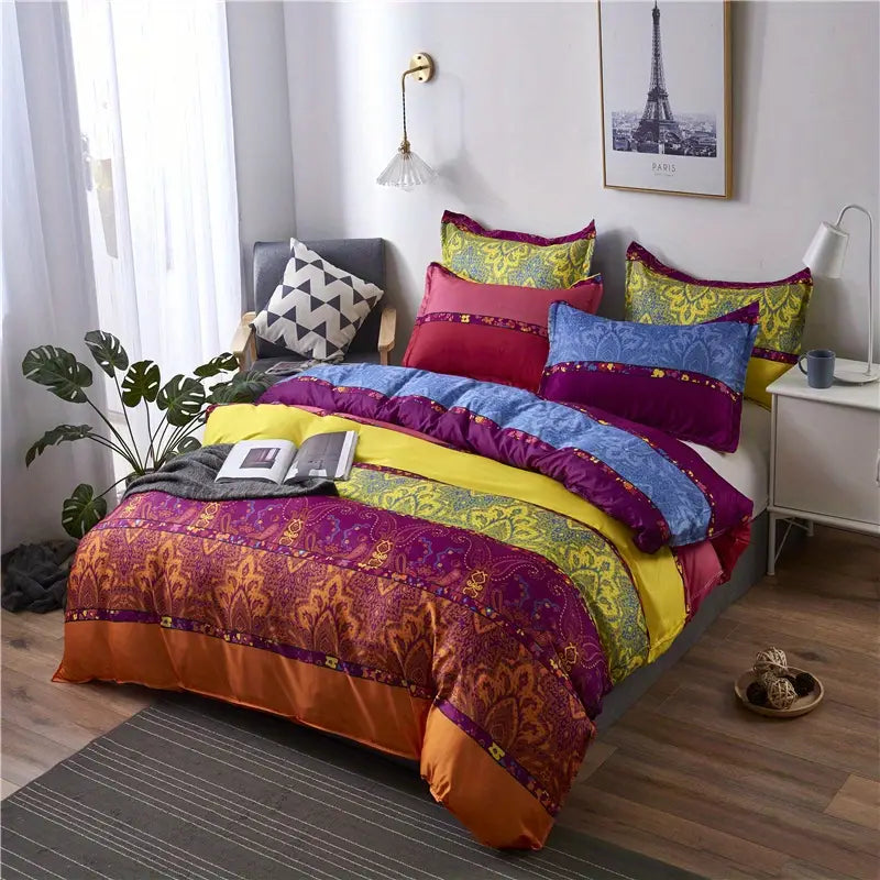 3-Piece Colorful Striped Boho Duvet Cover Set