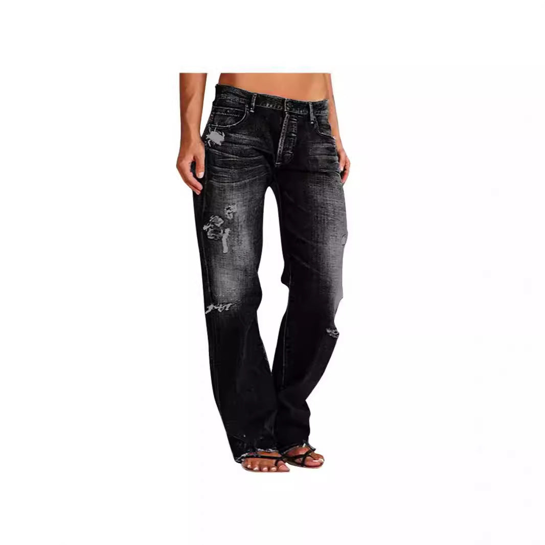 Cowboy pants with mid waist hole straight leg pants