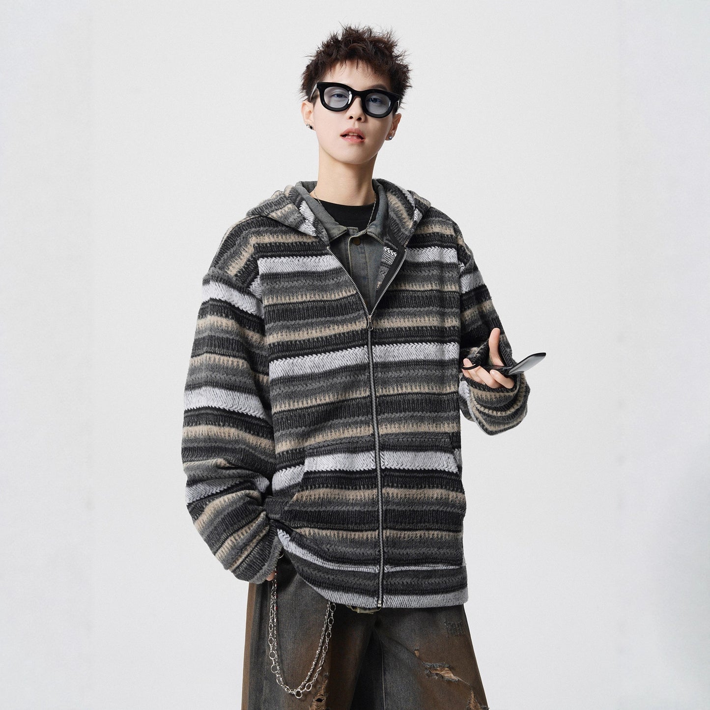 Brown Vintage Stripe Spliced Hoodie Unisex