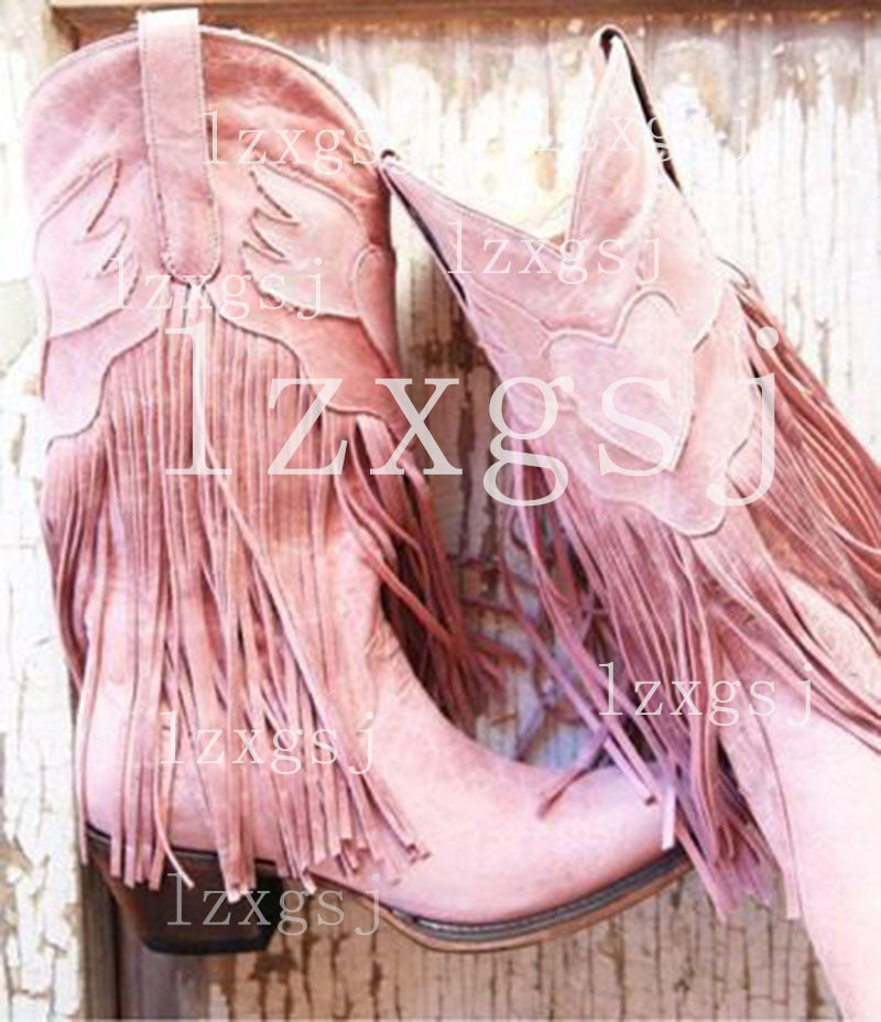 Fashion Women Cowboy Boots Retro Tassel Mid Boots