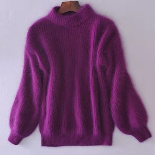 Imitation mink fur semi high neck knitted sweater