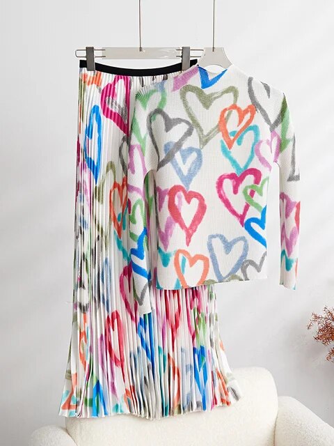Printed Heart Pleated 2 Pieces Set