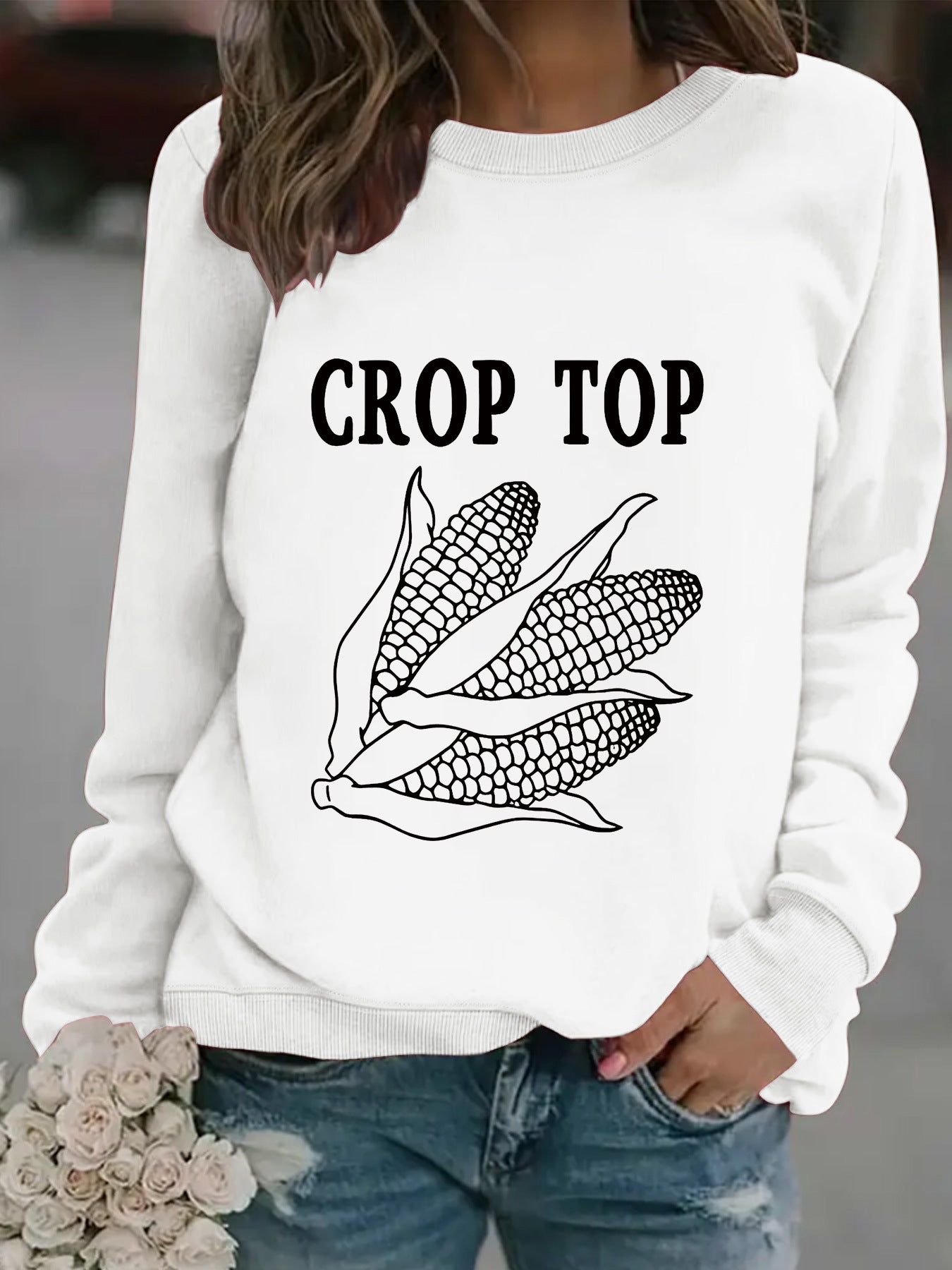 Round neck CROP corn print pullover sweatshirt