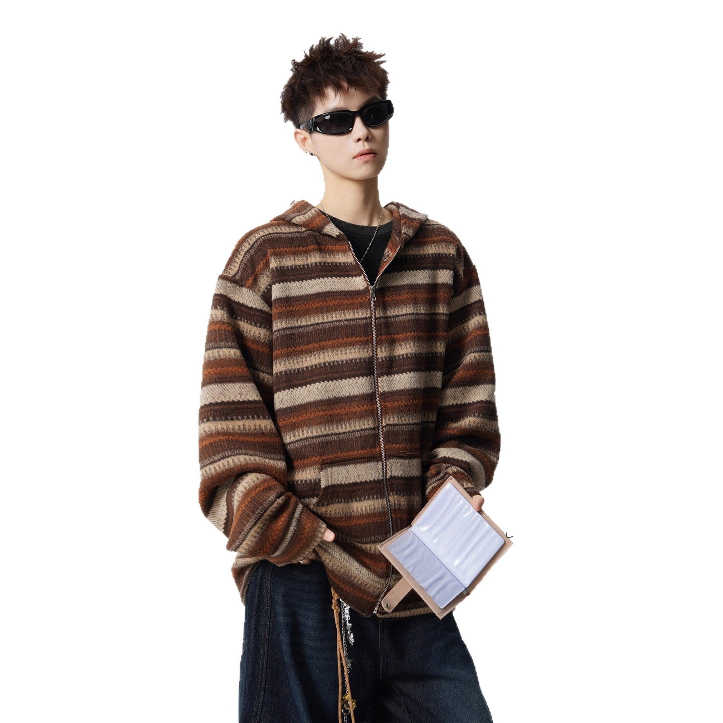 Brown Vintage Stripe Spliced Hoodie Unisex