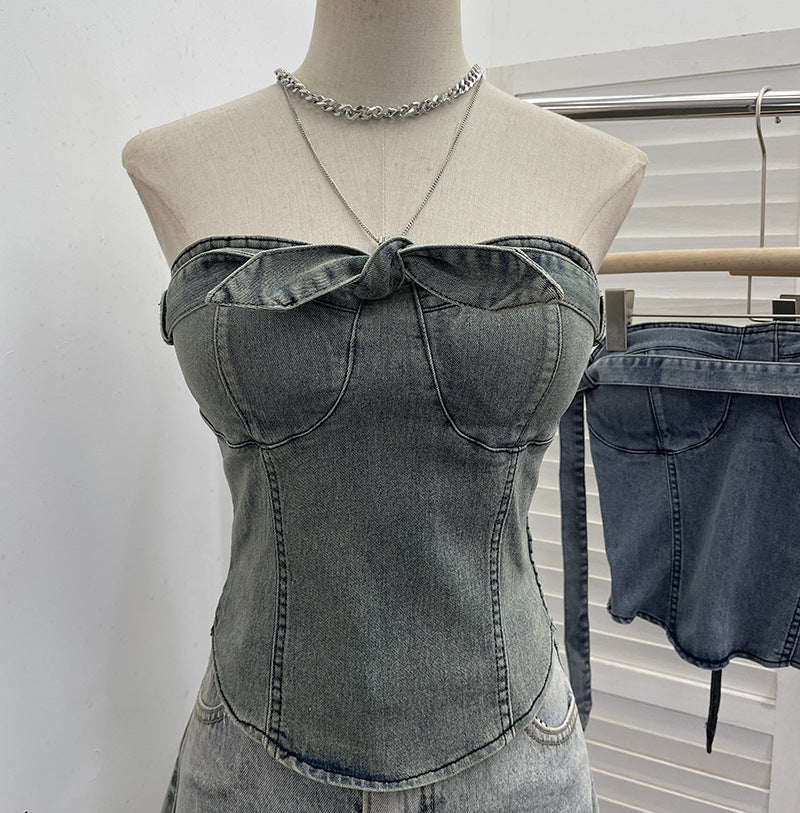 Cowboy strapless tank top with bow tie