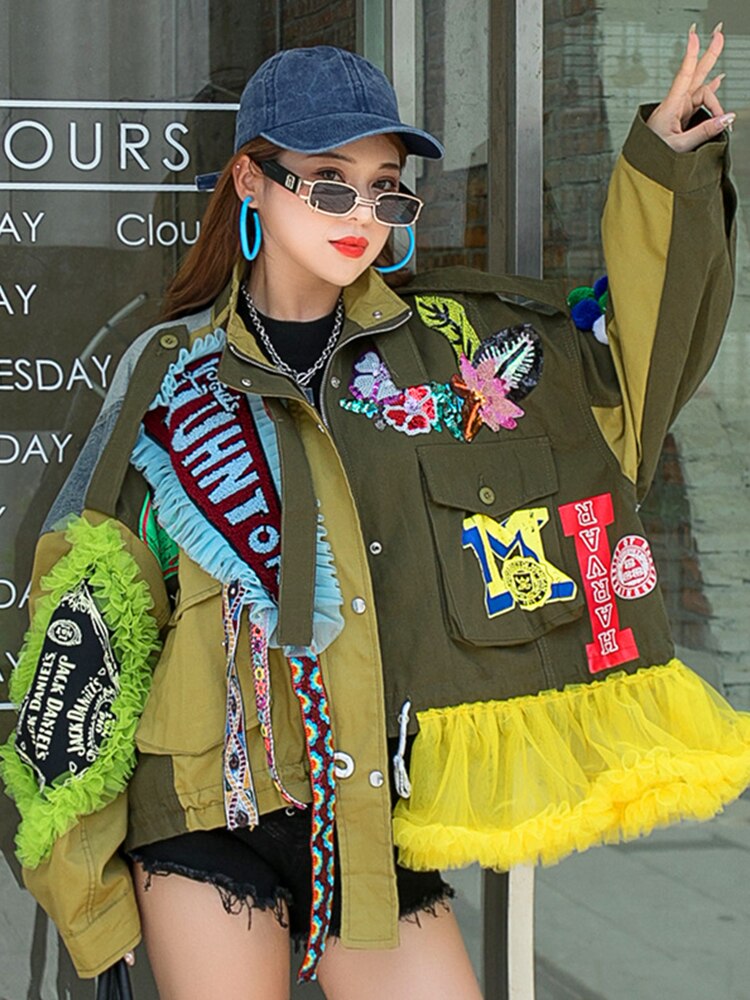Street Style Embroidery Lace Spliced Contrast Colour Irregular Jackets