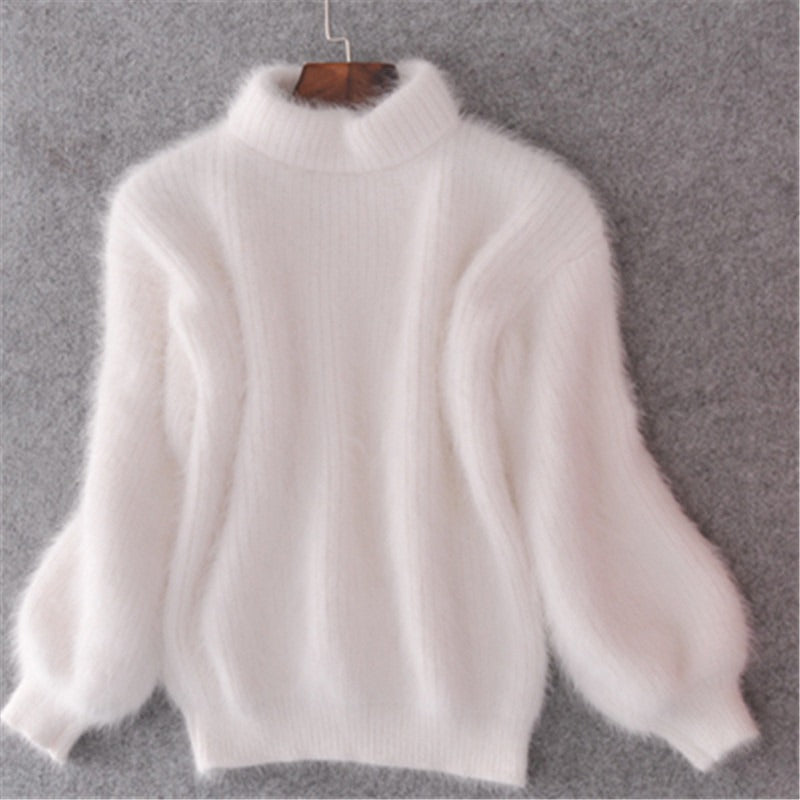 Imitation mink fur semi high neck knitted sweater