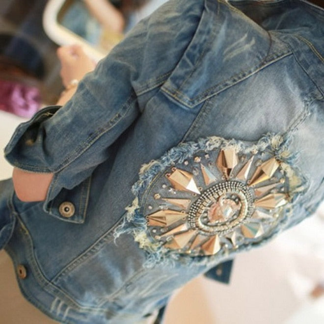 Cowboy Coats Leisure Outwear Slim Diamonds Half sleeve Women's Denim Blue Jacket Coat