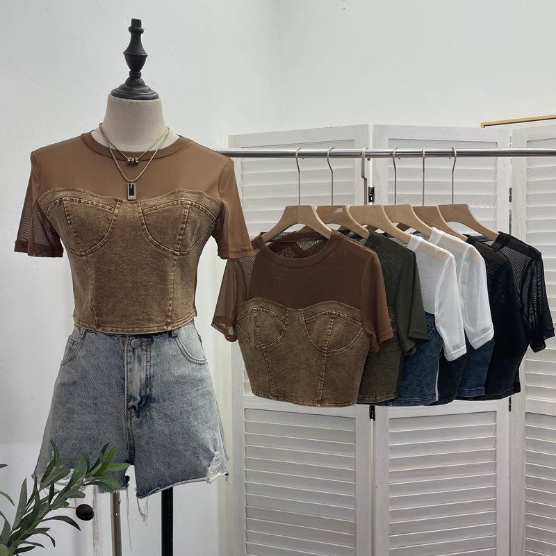 Cowboy patchwork mesh short sleeved T-shirt