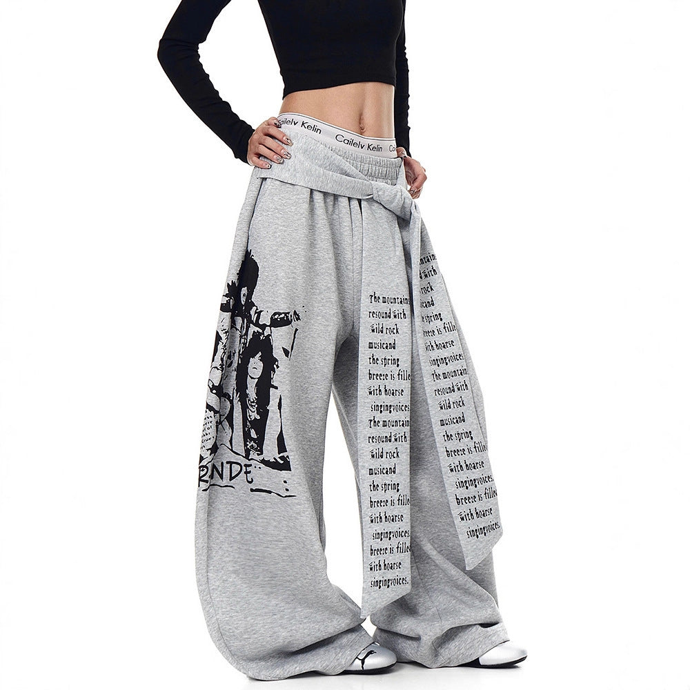 Structured Letter Print Tie-Overlay Heavyweight Sweatpants